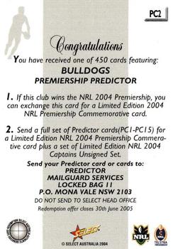 2004 Select Authentic - Premiership Predictors #PC2 Canterbury Bankstown Bulldogs Back
